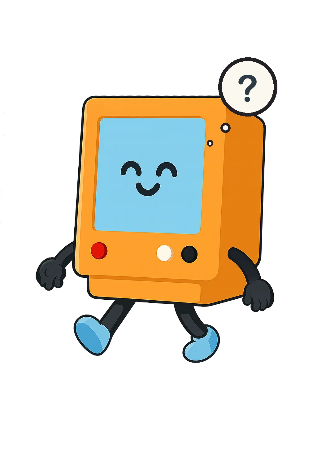Mascot wondering, a question mark in a thought bubble