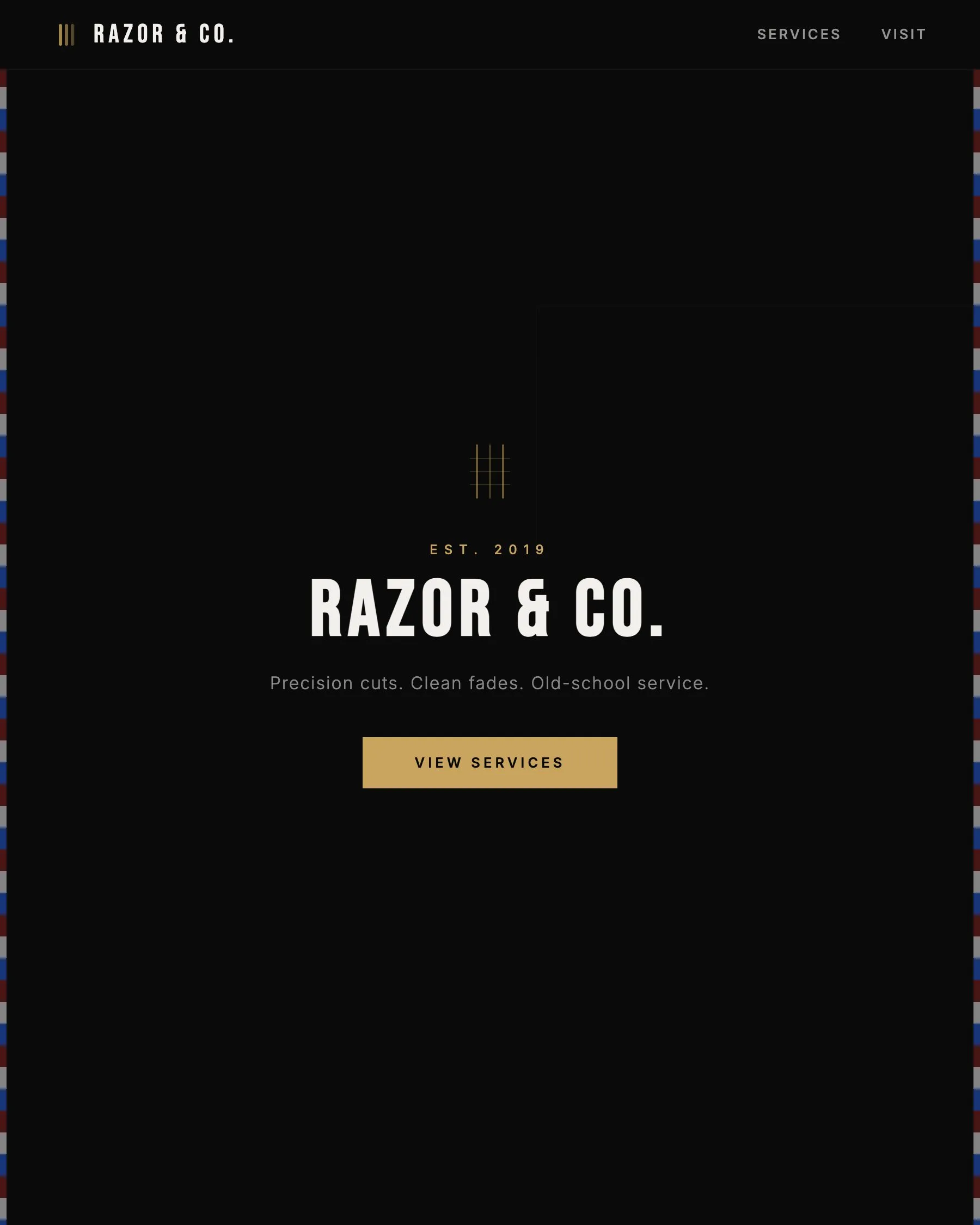 Razor and Co. barbershop demo site, dark theme with gold accents